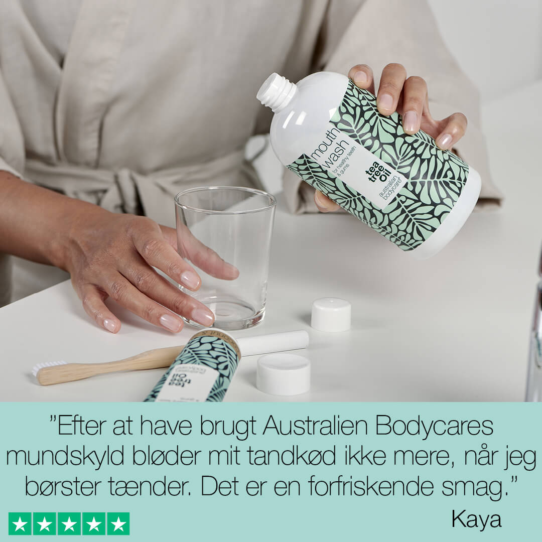 Mundpleje 5 produkter med Tea Tree Oil — Til tandkødsbetændelse & pleje ved svamp i mund & på tunge